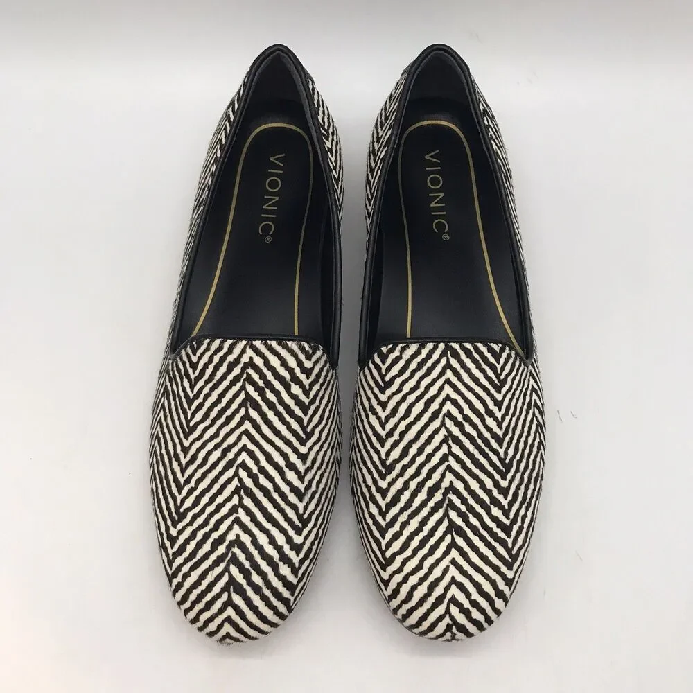 Vionic Willa Calf Hair Leather Zebra Flats Women's 6.5 Slip On Black &White Shoe